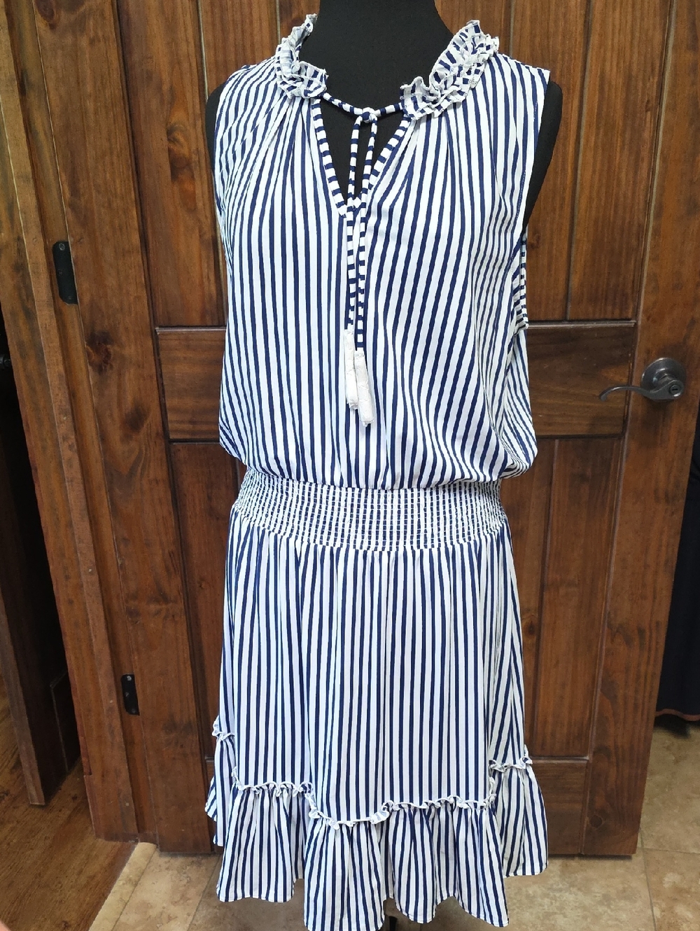 NWT Cabana Life Navy and White Striped Dress with Ruffle Trim - Size XL